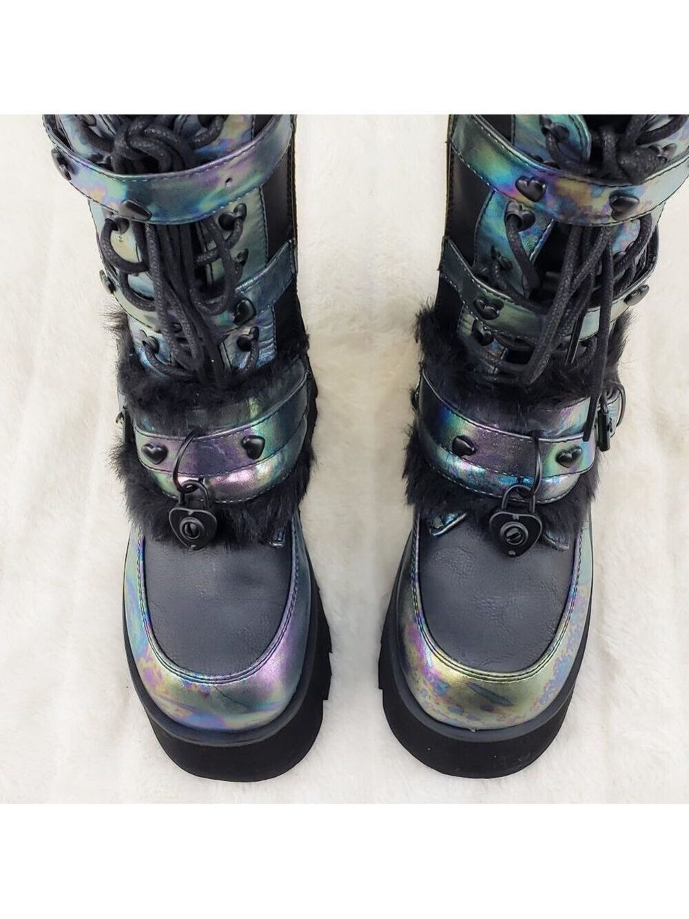 Ash Goth Punk Furry Mid Calf Platform Boots - Picture 9 of 15